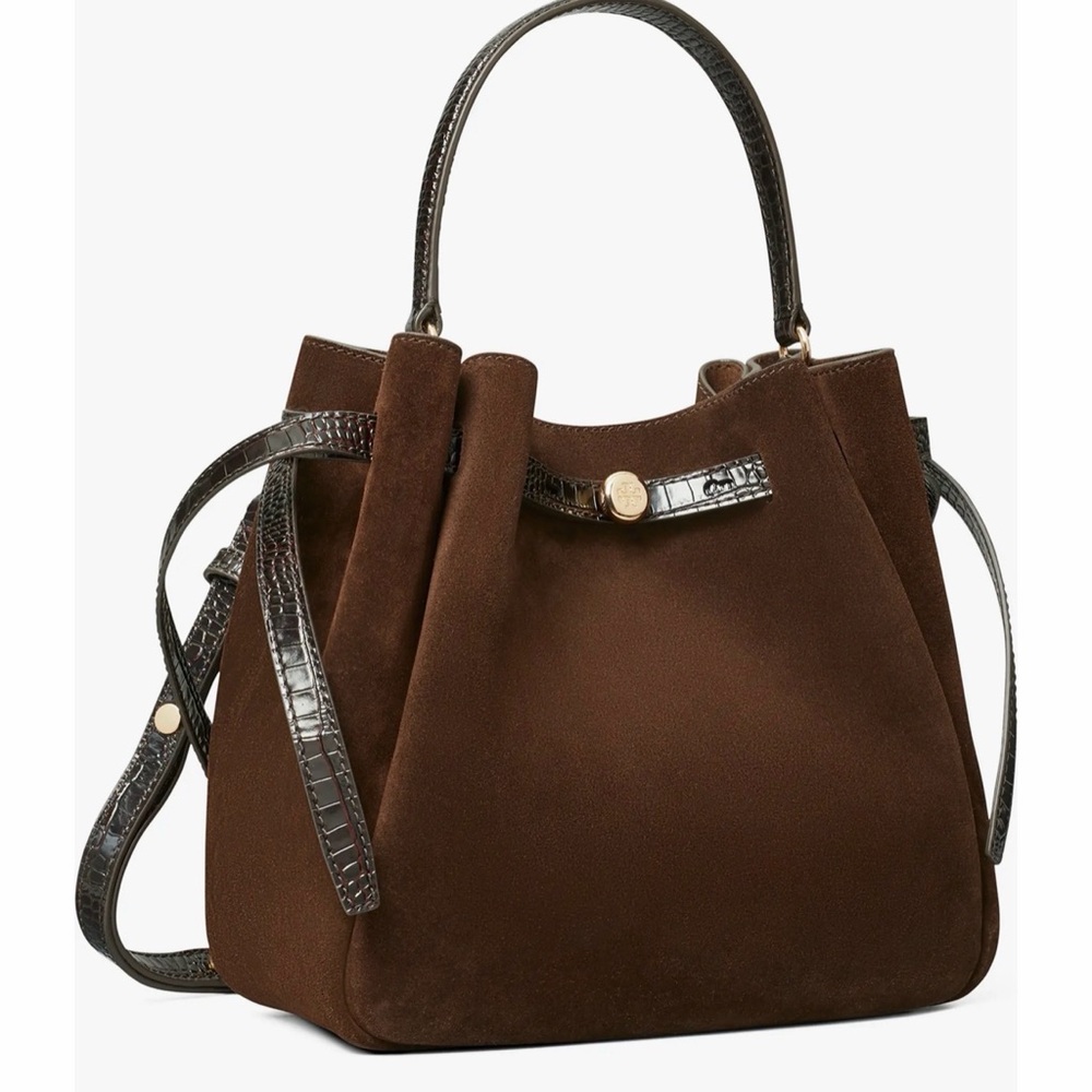 TORY BURCH ROMY SUEDE BUCKET BAG IN DARK COCOA